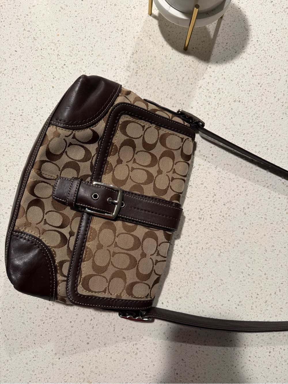 Coach Brown/Tan Signature Canvas Crossbody with Dark Brown Leather Trim
